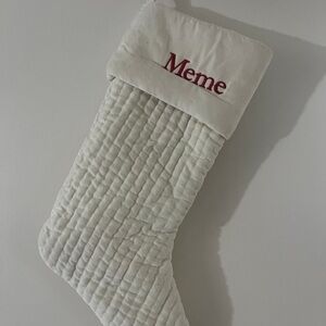 Pottery Barn White Quilted Christmas Stocking “Meme”